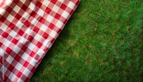 Summer Day Overhead Capture Of A Lightweight Checkered Picnic Blanket On Fresh Green Grass Lawn With Promo Copy Space