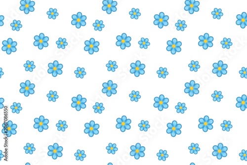 This is a seamless raster pattern with stylized forget‑me‑not flowers scattered across a clean white background
