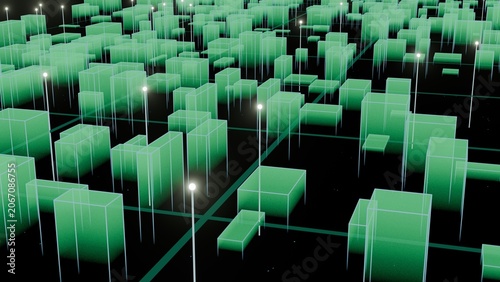 Sci-Fi Metropolis with Glowing Green Holograms and Digital Architecture, Futuristic City Background
