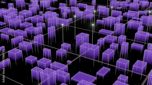 3D Futuristic City Render with Violet Holographic Elements, Cyber Technology Concept
