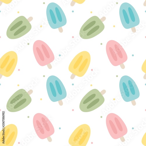 This is a seamless raster pattern featuring stylized popsicles in a soft pastel color palette—including pale yellow, mint green, baby blue, and dusty pink
