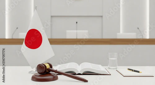 Japanese flag gavel and open book on a desk.