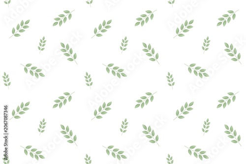 This is a seamless raster pattern with minimalist stylized leaf branches in soft green shades scattered across a clean white background.