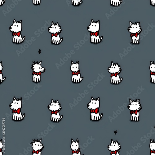 Seamless pattern of cute cartoon white dogs with red bow ties on a dark grey background
