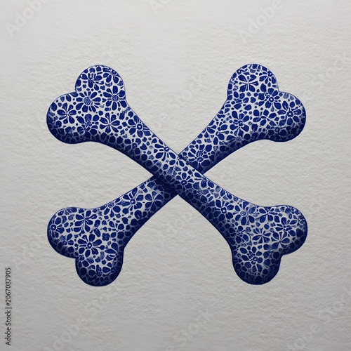 Decorative blue floral pattern crossbones on a white textured background