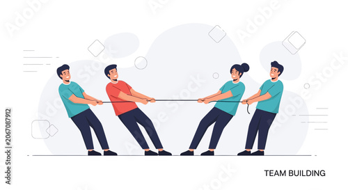 Diverse team in tug-of-war competition, symbolizing teamwork, collaboration, and competition in a flat design style.