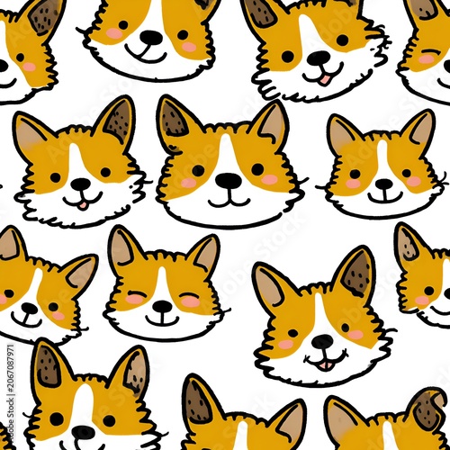 Cute Cartoon Corgi Dog Faces Seamless Pattern with Happy Expressions