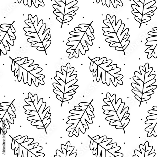 A clean, monochrome seamless pattern showcasing stylized oak leaves rendered in a simple line-art style. 
