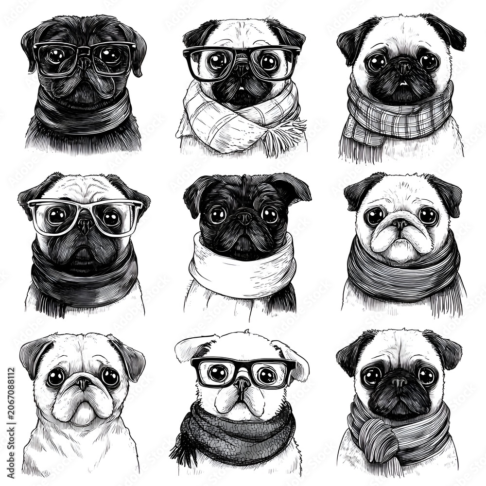 Fototapeta premium Hand-drawn collection of charming pug dogs wearing stylish glasses and cozy scarves