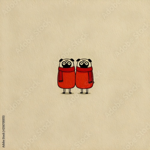 Minimalist illustration of two grumpy cartoon pugs wearing red scarves and outfits