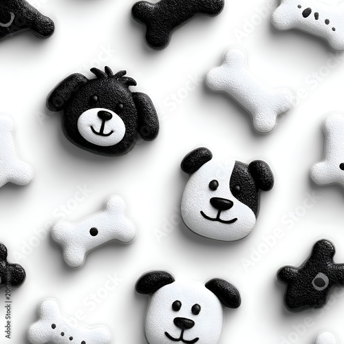 Cute Black and White Dog Faces and Bones Pattern on White Background