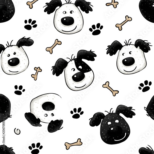 Cute cartoon black and white dogs seamless pattern with paw prints and bones, a whimsical and playful design perfect for kids' backgrounds or fabric