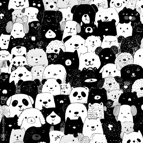 Seamless pattern of cute black and white cartoon animals, including dogs, cats, and pandas in a hand-drawn doodle style