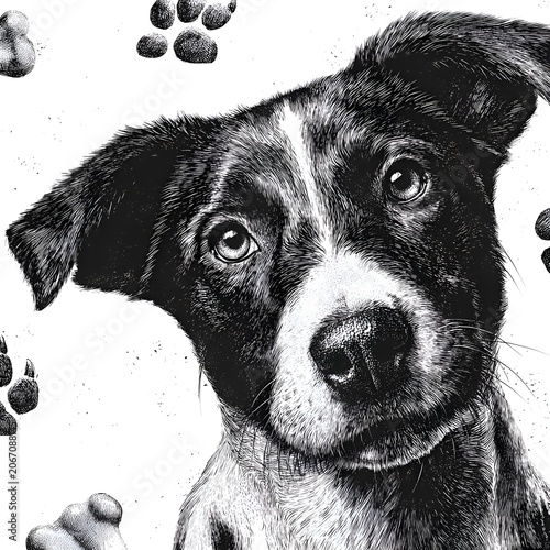 Adorable black and white puppy portrait with a head tilt in a detailed graphic illustration
