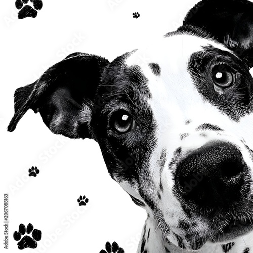 Adorable black and white Dalmatian dog looking directly at the camera with graphic paw prints