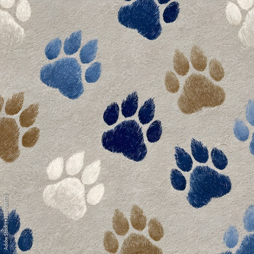Textured Seamless Pattern of Colorful Animal Paw Prints in Blue, Brown, and White on a Neutral Background