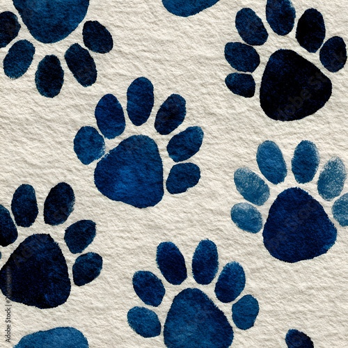 Seamless watercolor pattern of blue paw prints on textured paper