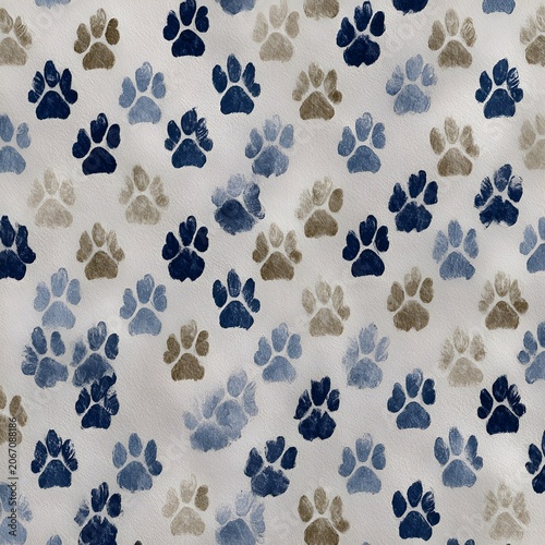 Seamless pattern of watercolor paw prints in shades of blue and brown on a white background, perfect for pet-themed designs or children's textiles