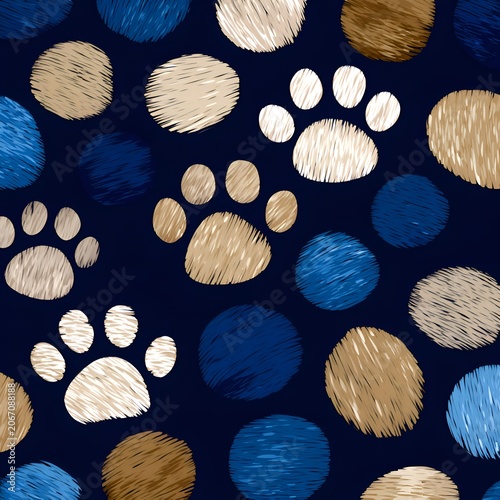 Playful Seamless Pattern with Scribbled Paw Prints and Polka Dots