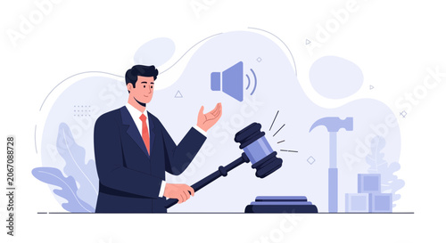 Judge with Gavel and Sound Icon - Justice and Decision Making Concept Illustration