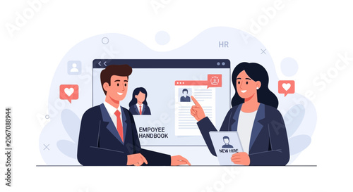HR professional onboarding new employee, presenting company handbook and benefits with digital tablet, modern flat illustration