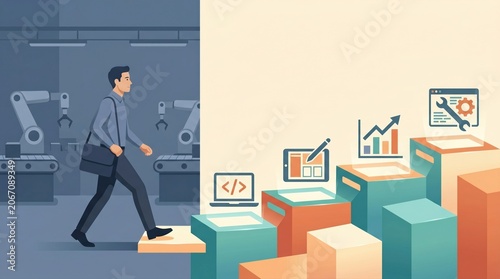 Worker entering reskilling pathway after automation displacement concept