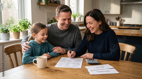 Family at kitchen table reviewing budget plan with manageable bills