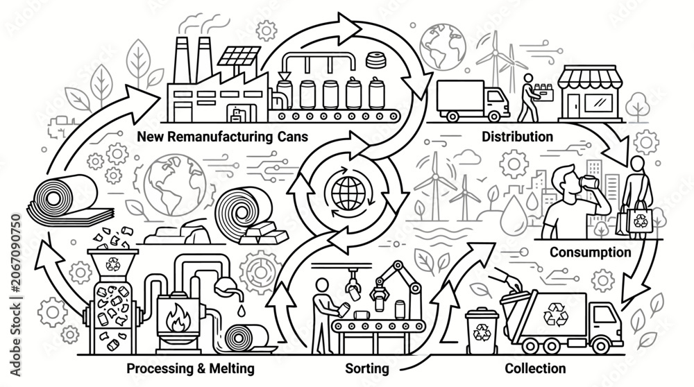 Fototapeta premium Circular Economy Recycling Process Diagram for Aluminum Cans showing Production and Sustainability