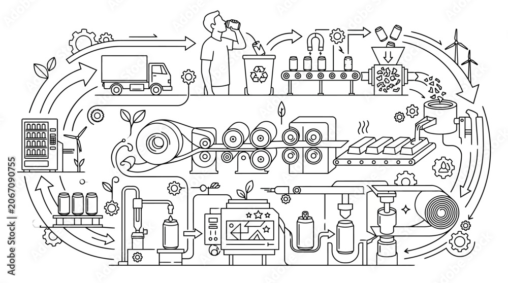 Obraz premium Vector infographic diagram of aluminum can recycling process and circular economy manufacturing loop