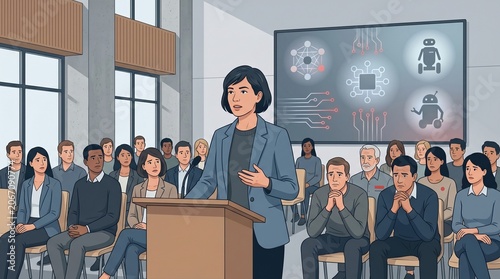 Town hall crowd worried about robots and AI control policy concept