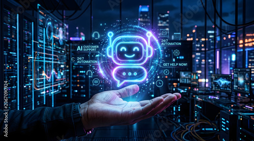 AI Chatbot Hologram Held in Hand, Futuristic Technology Background