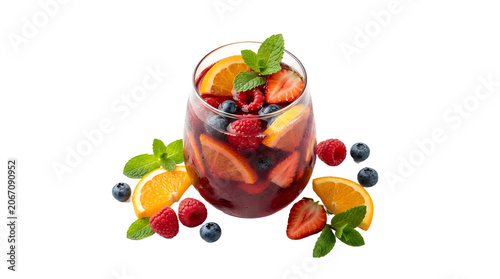 Isolated glass of sangria with red wine orange slices strawberries blueberries mint leaves refreshment summer party celebration beverage