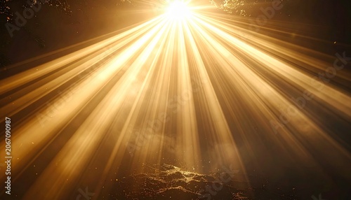Golden light rays pierce through a dark, misty atmosphere, creating a dramatic and ethereal scene with a sense of divine presence.