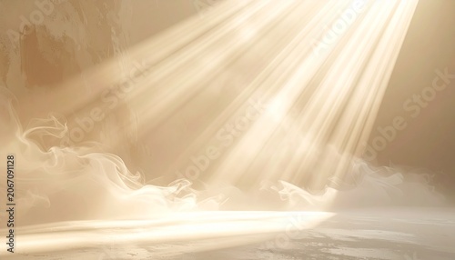 Golden light rays piercing through a smoky or hazy atmosphere onto a dark surface, creating a dramatic and ethereal scene.