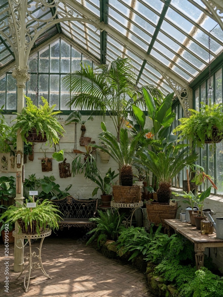 Fototapeta premium Victorian greenhouse interior with tropical plants