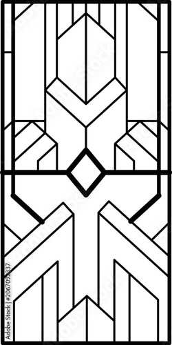 Technical line art illustration of a rectangular panel featuring a symmetrical geometric Art Deco pattern with vertical stripes, chevron motifs, and a central diamond shape.