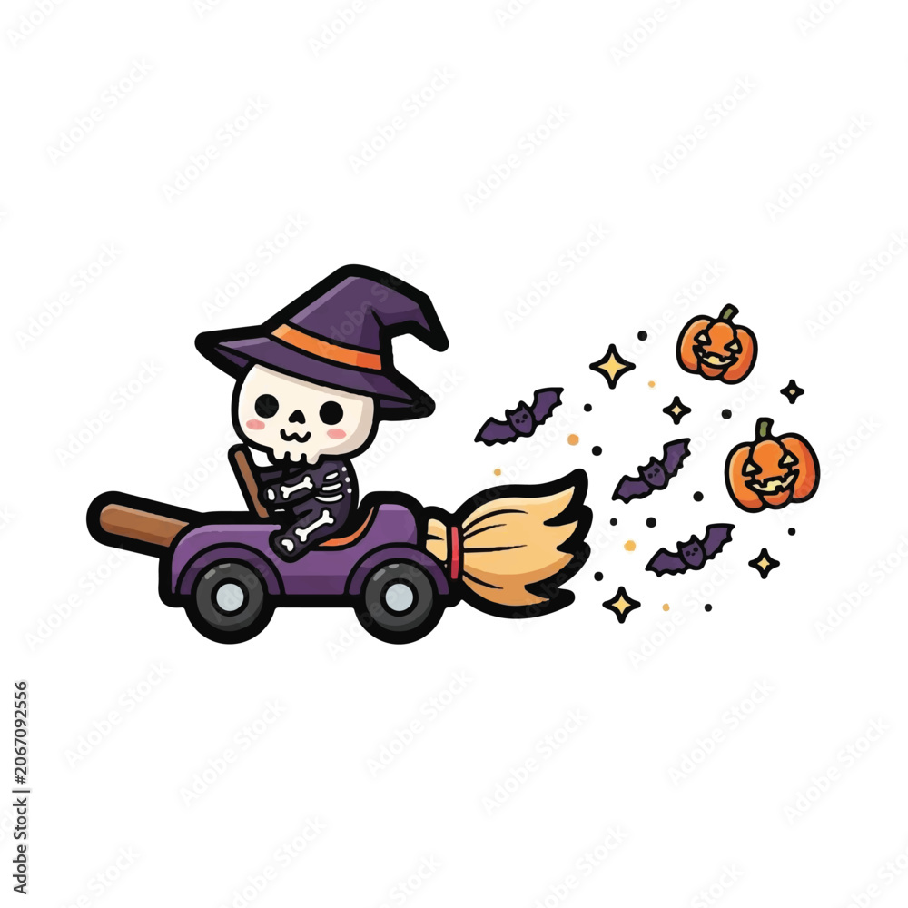 Obraz premium Cartoon skeleton wearing witch hat.
