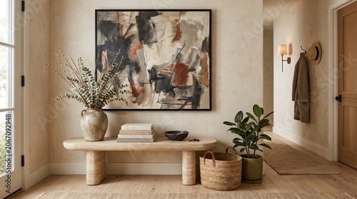 Entryway with statement bench oversized art and curated objects interior