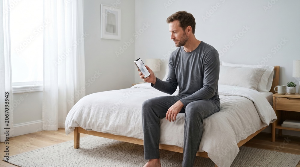 Fototapeta premium Man reviewing sleep quality app after waking in bright bedroom