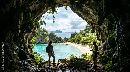 Couple exploring cave entrance with tropical beach view, adventure travel