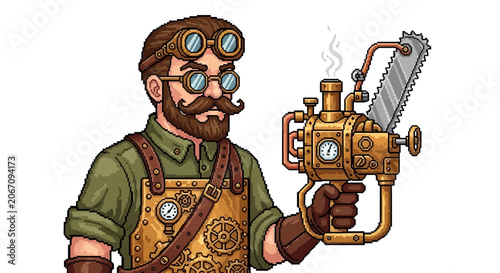 Bild auf Leinwand Steampunk inventor holding a custom-made chainsaw weapon.