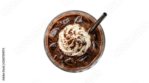 Isolated iced chocolate mocha drink top view with whipped cream and cocoa powder garnish for cafe menu advertising