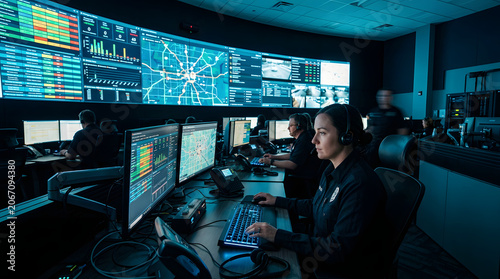 Cyber Security Operations Center with Analysts Monitoring Data on Large Screens