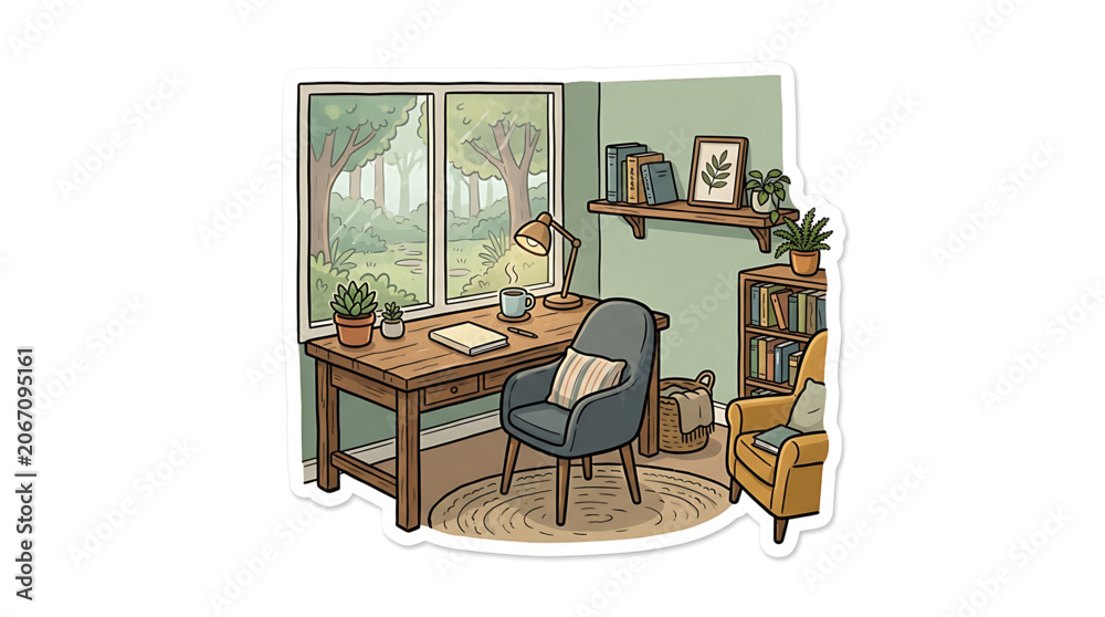 Obraz premium Cozy home office interior with desk, chair, and bookshelf overlooking a forest view