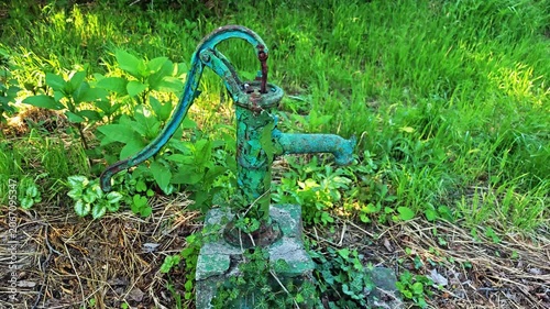 Vintage green hand pump surrounded by lush green grass and plants  
