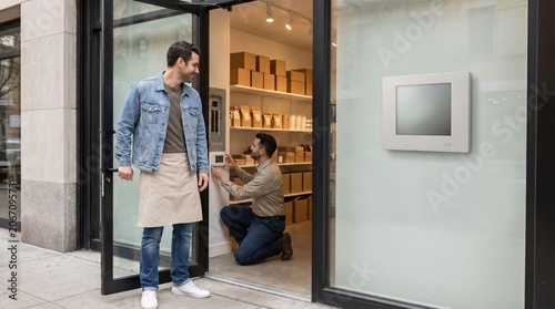 Storefront business owner watches electrician install energy monitor