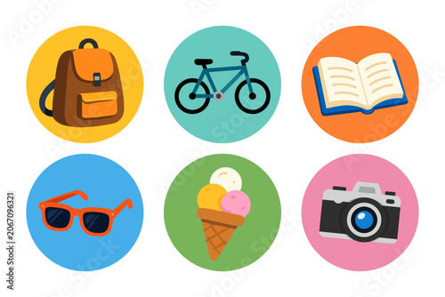 Colorful Summer Lifestyle Icon Set in Flat Style with Bicycle Ice Cream Sunglasses Camera Book and Backpack Representing Travel Recreation and Active Living