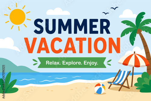 Bright Summer Beach Holiday Illustration in Friendly Flat Style with Sea Sun Palm Tree and Resort Atmosphere Representing Family Vacation and Positive Lifestyle