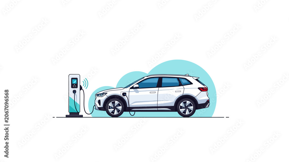 Fototapeta premium White electric SUV charging at power station vector illustration. Minimalist concept for sustainable energy and future mobility.