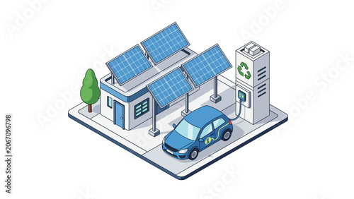 Isometric illustration of an electric car charging at a solar-powered station.